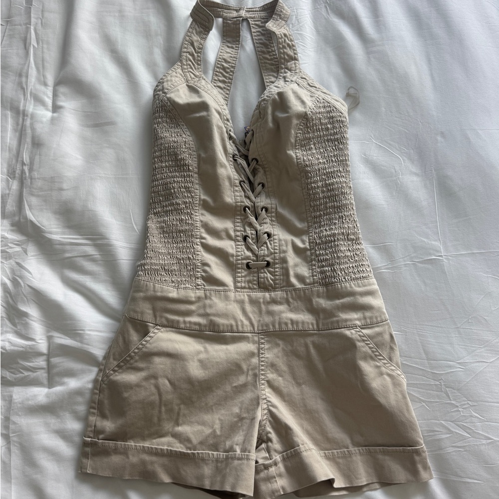 Beige Halter Neck Romper with Lace-Up Front